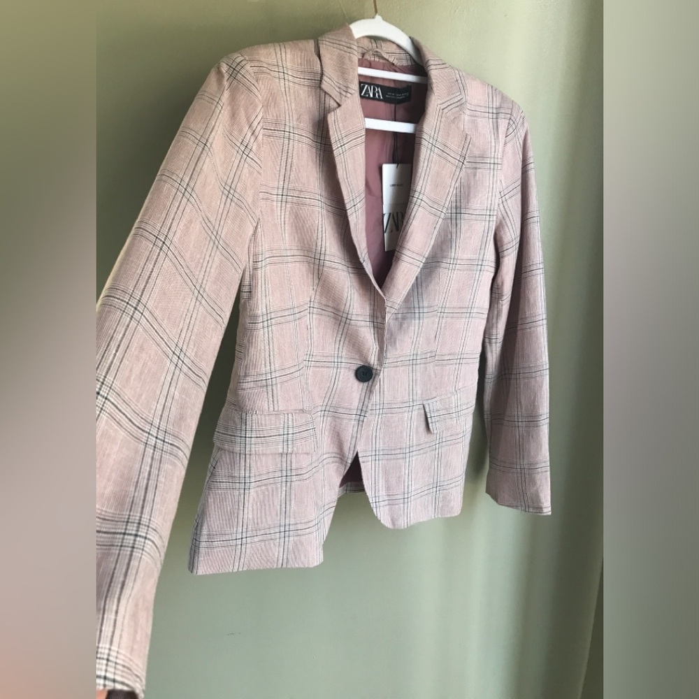 NWT! Zara Tailored Linen Blend Plaid Blazer In Dusty Pink Size: US 6 EUR 38 - Picture 3 of 15